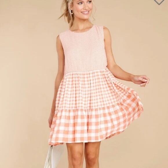 [AURA] Coral Pink Gingham Check Ruffle Hem Relaxed Fit Mini Dress NWT Sz Medium - Picture 1 of 12